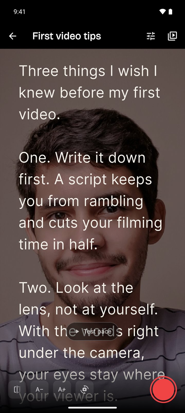The Lenvid teleprompter showing a script in large text