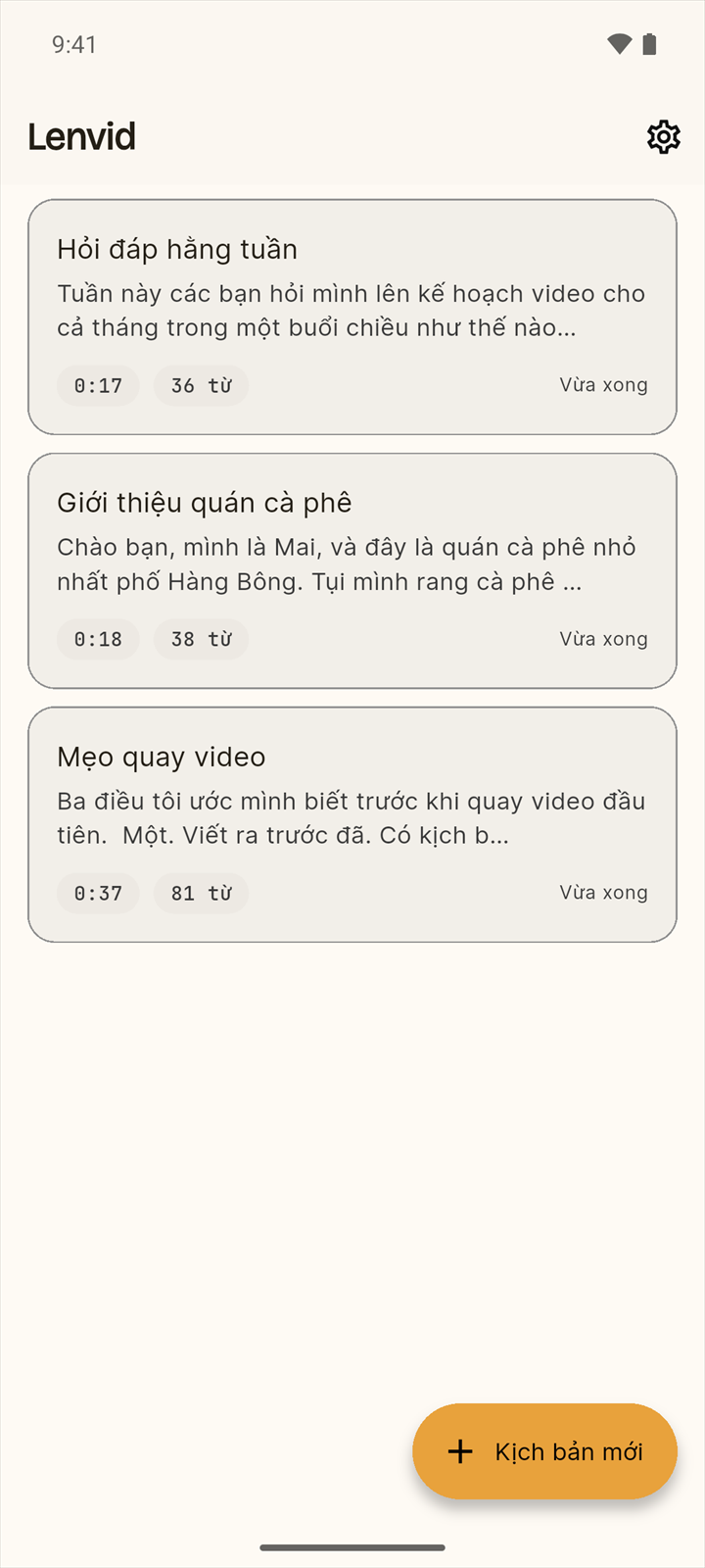Màn hình chính của Lenvid với danh sách kịch bản